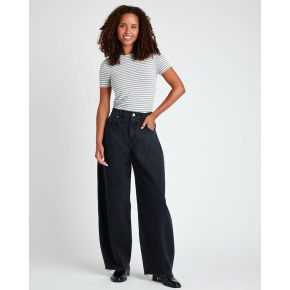 Splendid Black Rinse Carson Barrel Leg Jean Tapered Women’s Size 24 Raw Hem - Picture 2 of 13